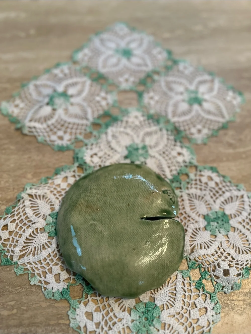 Handcrafted Green Ceramic Koi Dish Trinket with Orange Fish Design